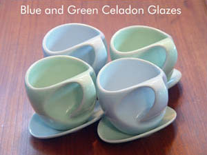 Celadon glazed modern design coffee mugs / teacups / coffee cups with saucers that double as lids.